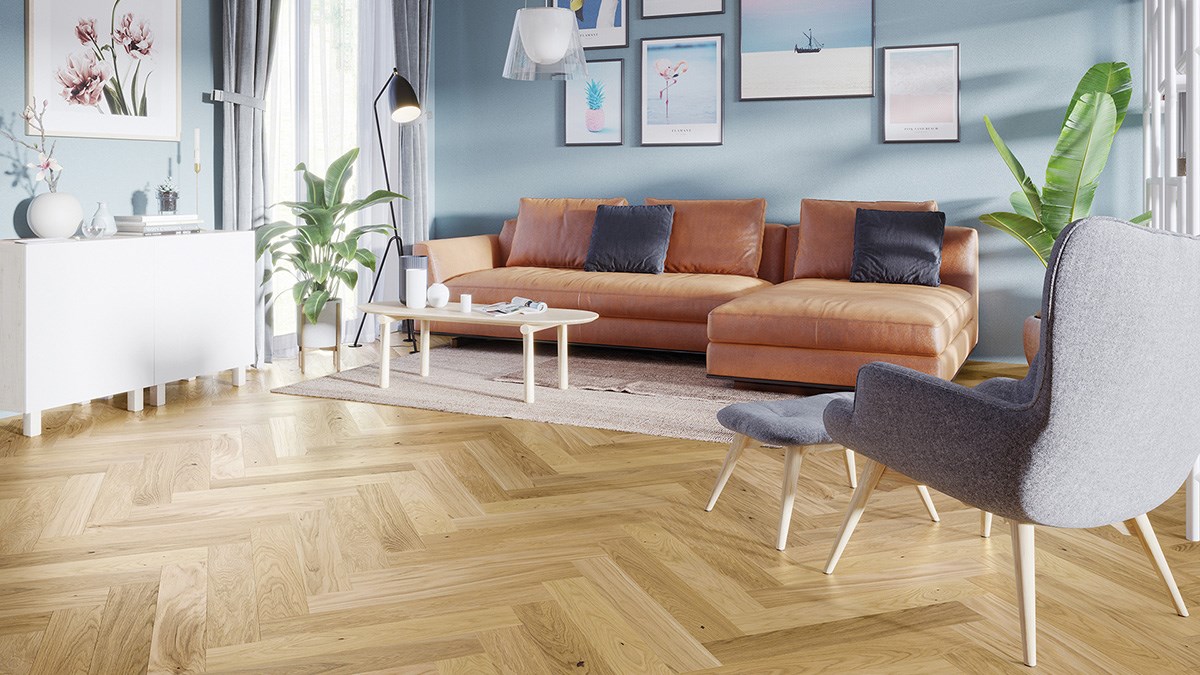 Fiskbensparkett Herringbone 130 Caramel Ek, 1-stav, Mattlack