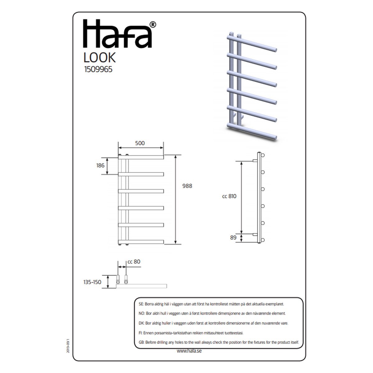 Handdukstork Look Kombi, 500x988mm, Blank, Krom