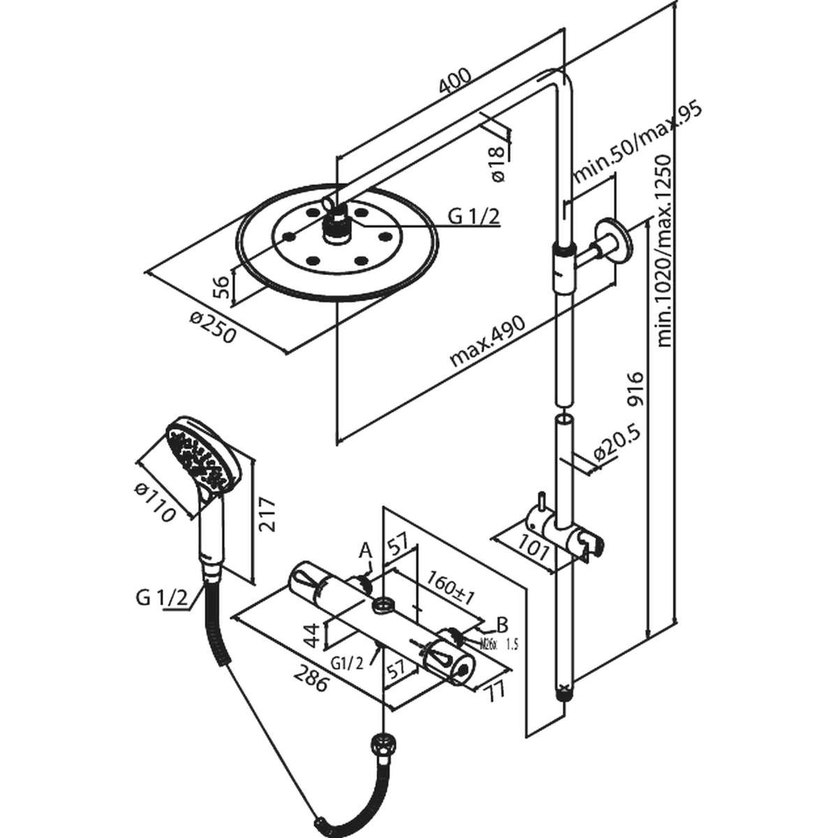 Takduschset Med Blandare Silhouet 160mm, Krom