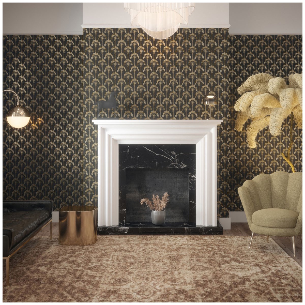 Tapet Fantasia III Palm Palace Black & Gold 921702