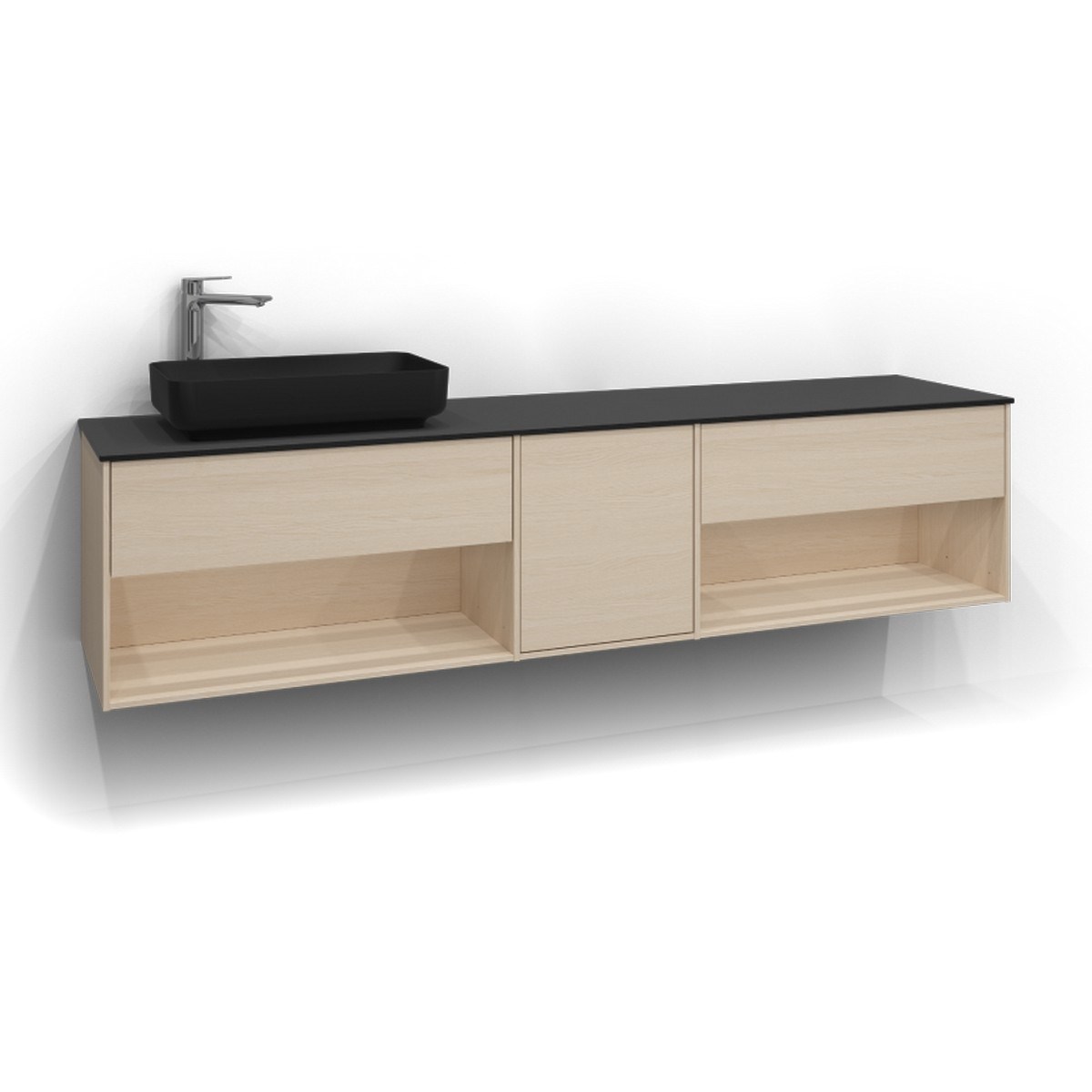 Kommod Epos 1+1+1 Lådor Och Öppen Förvaring 200x45cm, Vit Ask, Plan, Push Open