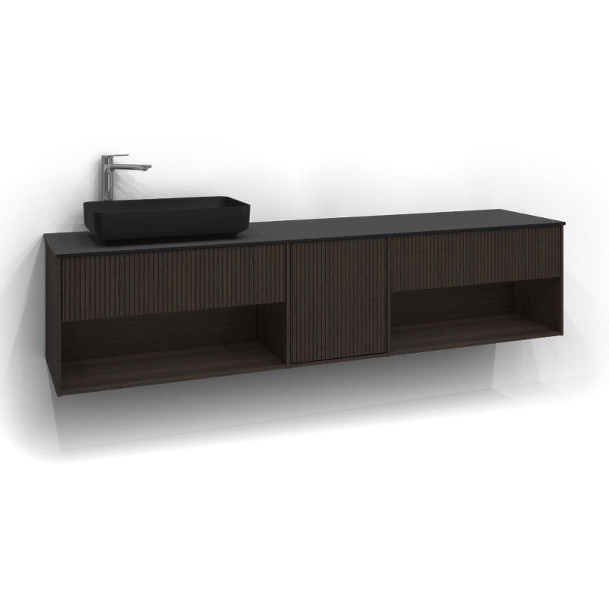 Kommod Epos 1+1+1 Lådor Och Öppen Förvaring 200x45cm, Brun Ask, Rand, Push Open