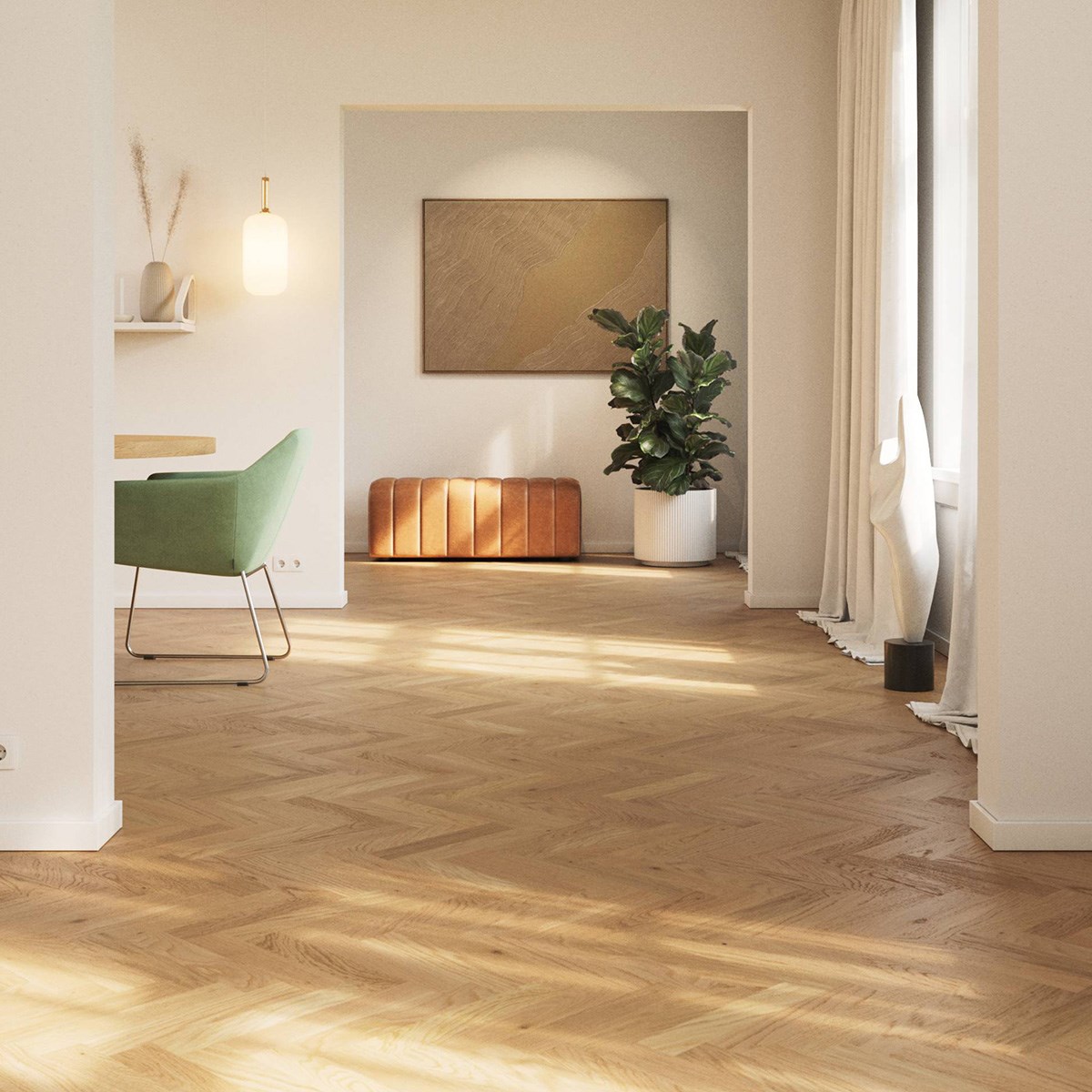 Fiskbensparkett 2:sort Oak Rustic B II Ek, 1-stav, Mattlack