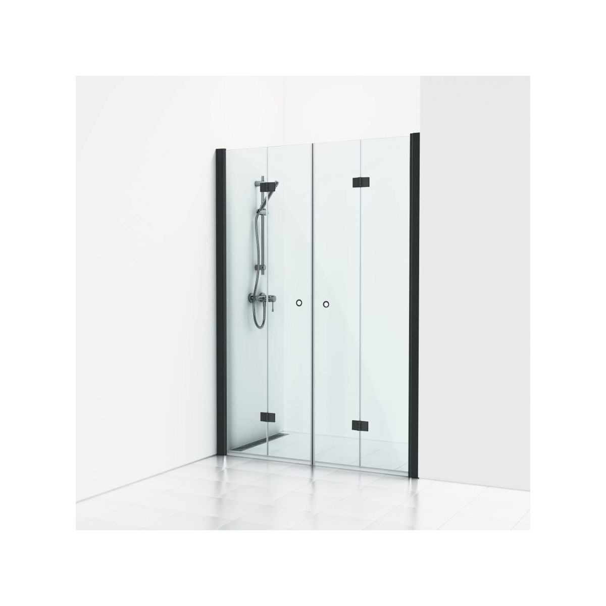 Dubbel Vikbar Duschdörr Nisch Skoga Matt, Svart, 1980mm, Klarglas
