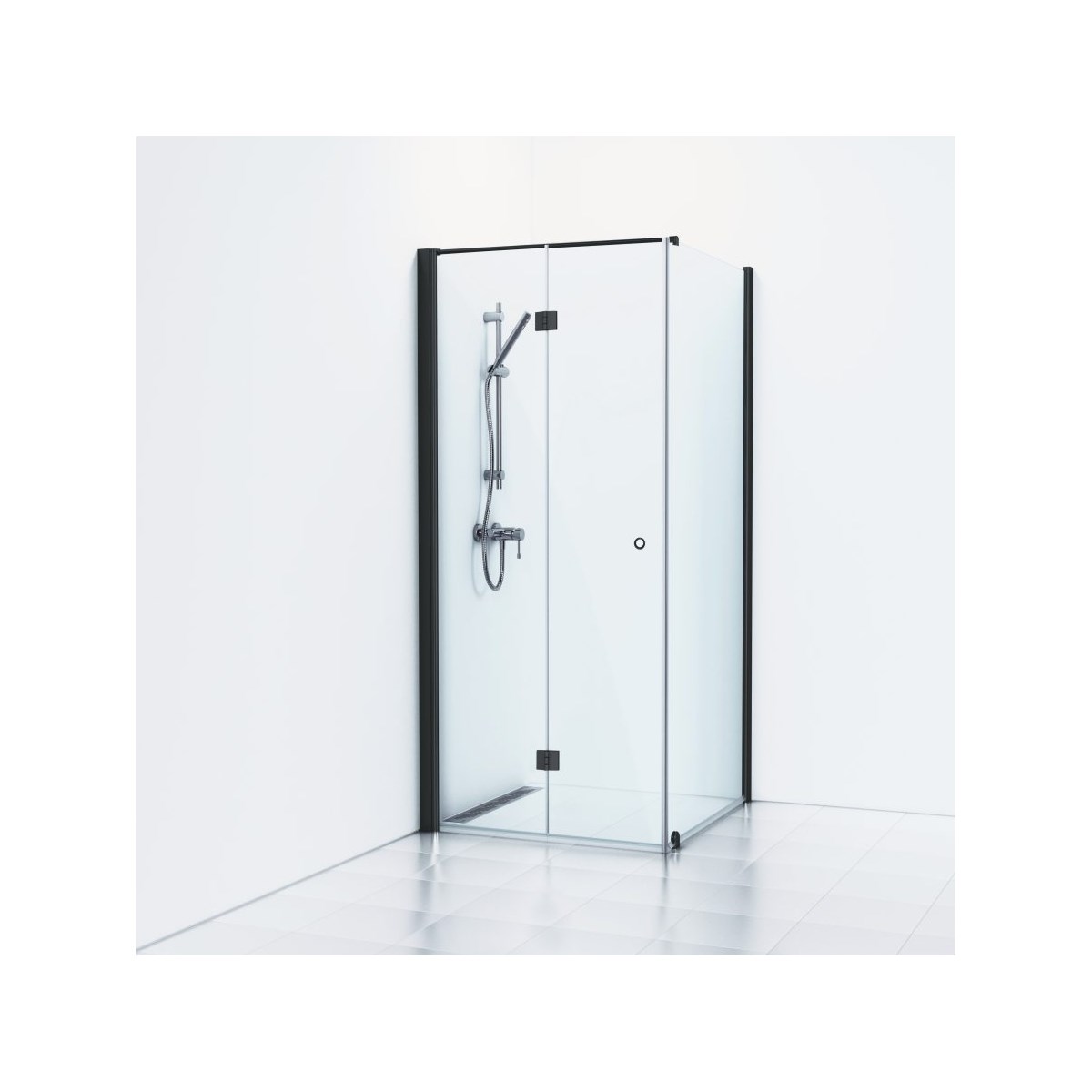Duschhörna Med Vikdörr & Fast Vägg Skoga Matt, Svart, 100x103x198cm, Klarglas